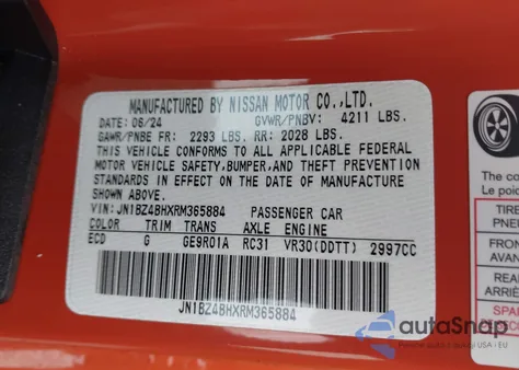 2024 Nissan Z Performance Auto from USA, damaged, VIN JN1BZ4BHXRM365884